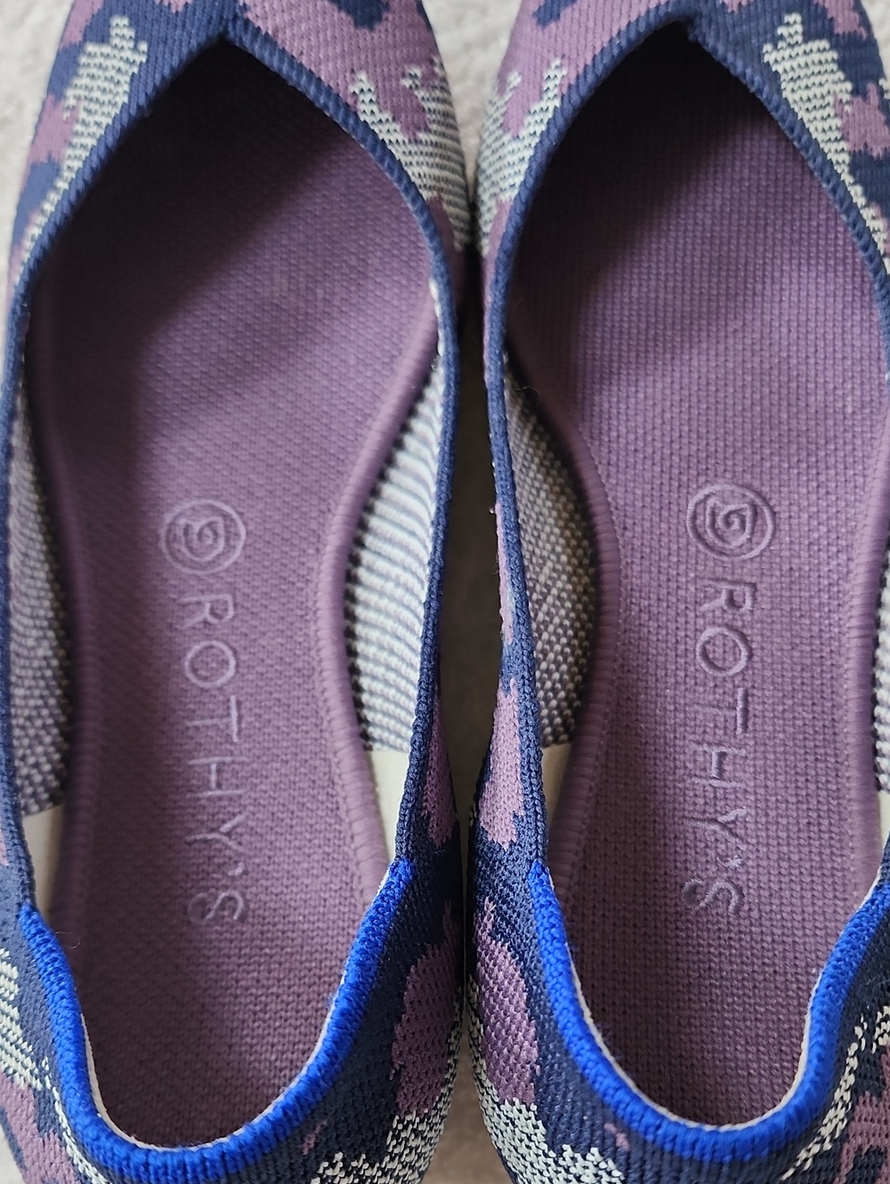 Rothy's Pointed Knit Flats in Purple, Navy & Cream Pattern - Picture 8 of 12